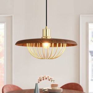 1-Light Walnut Wood Dome LED Pendant Lighting
